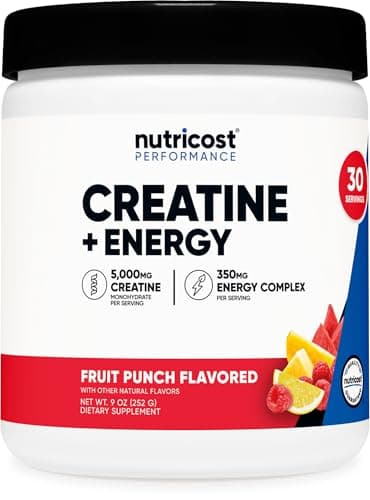 Nutricost Creatine + Energy 30 Servings (Fruit Punch Flavored) - 5,000mg Creatine Monohydrate + 350mg Energy Complex Per Serving