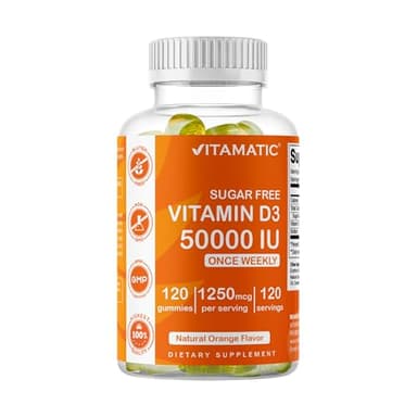 Vitamatic Sugar Free Vitamin D3 50,000 IU Weekly Supplement - 120 Pectin Based Gummies - Vitamin D Capsules for Bones, Teeth, and Immune Support (50000 IU)