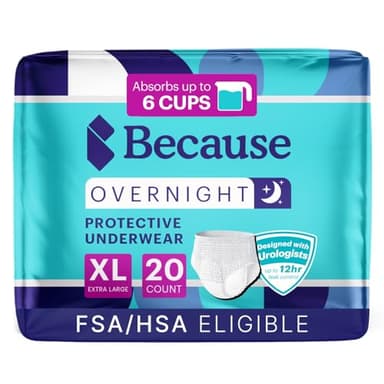 Because Overnight Absorbency Pull Ups - Adult Disposable Incontinence Underwear, Extra Absorbent Nighttime Briefs for Men and Women, White, XLarge, 20 Count