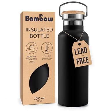 Bambaw Insulated Water Bottle 32 oz, Black Water Bottle with Handle, Stainless Steel Water Bottle, Thermo Water Bottle Metal, 1 Liter Water Bottle, Large Water Bottle 32oz – Jet Black