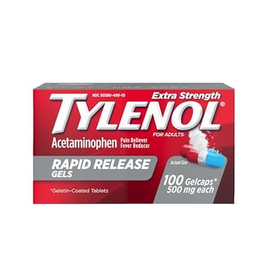 Tylenol Extra Strength Acetaminophen Rapid Release Gels, Fast, Strong Pain Relief, Fever Reducer, 500 mg Gelcaps with Laser‑Drilled Holes for Fast Release, OTC Medicine, 100 Count