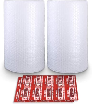 Bubble Cushioning Wrap Rolls, 3/16" x 12" x 72' ft Total [2 Rolls of 36 Feet] Perforated Every 12", 20 Fragile Stickers for Packaging, Shipping, Mailing