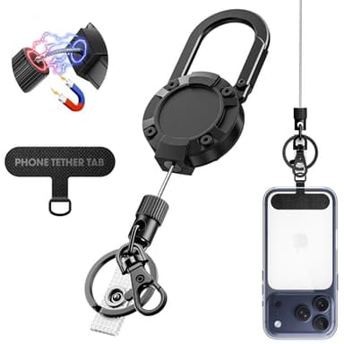 DINALLE Retractable Cell Phone Lanyard - Anti-Theft Phone Tether - Heavy Duty Carabiner Belt Clip, 27" Retractable Steel Line, Locking Magnetic Closure and Universal Anchor, Compatible with All Phones