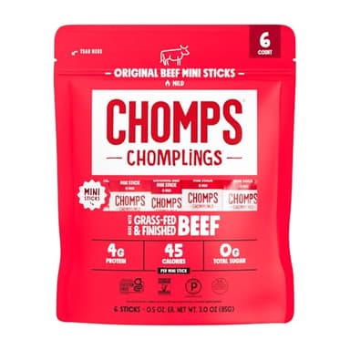 CHOMPS MINI Grass Fed Beef Jerky Meat Snack Sticks 0.5 Oz, Original Beef (Pack of 6)