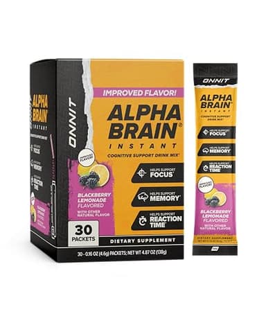 ONNIT Alpha Brain Instant Cognitive Support Drink Mix, BlackBerry Lemonade Flavor, Nootropic Supplement for Focus, Memory, and Clarity, 0.13 oz Packets, 30 Count