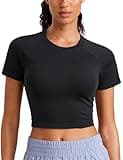 CRZ YOGA Seamless Womens Short Sleeve Crop Tops Breathable Slim Fit Gym Workout Shirts Athletic Running Basic Tee Top Black Medium