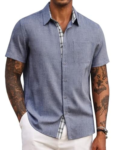 COOFANDY Men's Button Down Shirt Summer Beach Shirt Short Sleeve Untucked Shirt Dark Blue