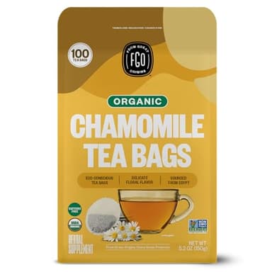 FGO Organic Chamomile Tea, 100 Eco-Conscious Tea Bags, Caffeine Free, Resealable Bag, Packaging May Vary (Pack of 1)
