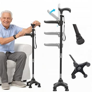 Uojeeong Folding Cane with Stand Assist Aid for Elderly, Premium Carbon Fiber Quad Cane for Women for Stability, Adjustable Walking Cane with 2 Base (Single/Quad), Foldable Cane for Men Seniors