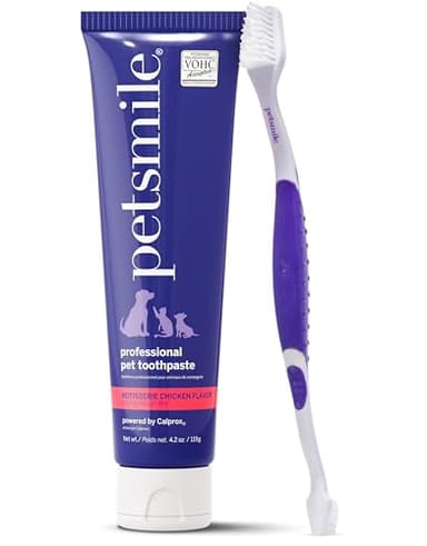 Petsmile Professional Pet Teeth Brushing Kit for Cats & Dogs - Only VOHC Accepted Toothpaste & Patented Toothbrush - Proven to Control Plaque & Tartar Calprox Formula (Rotisserie Chicken, 4.2 Oz)