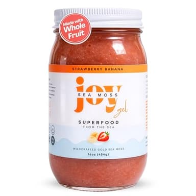 Joy Sea Moss Wildcrafted Irish Sea Moss Gel 16 oz | Made in USA | Gold Seamoss Superfood | Rich in Vitamins & Minerals | Real Fruit | Nutritional Supplement | Strawberry Banana