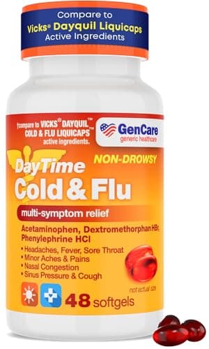 GenCare - Multi Symptom Non Drowsy Daytime Cold & Flu Relief Acetaminophen 325mg, Dextromethorphan HBr 10mg, Phenylephrine HCl 5mg (48 Softgels) Non Habit Forming Pain Reliever & Nasal Decongestant