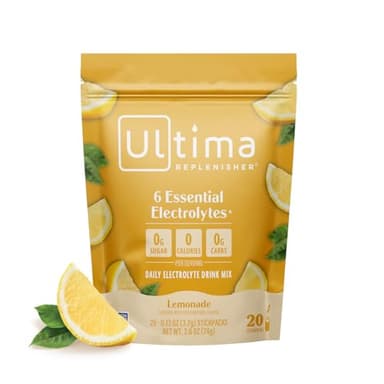 Ultima Replenisher Daily Electrolyte Powder – Lemonade, 20 Stickpacks – Zero Sugar Hydration Packets with 6 Electrolytes and Minerals – Sugar Free, Plant Based & Keto Friendly Drink Mix