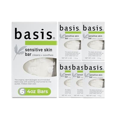 Basis Sensitive Skin Bar Soap for Body, Hands and Face, Unscented Soap Bar for Sensitive Skin with Chamomile and Aloe Vera, Bar Soap Bulk Pack, 4 Oz Bar, Pack of 6