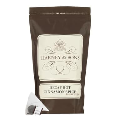 Harney & Sons Decaffeinated Hot Cinnamon - Ceylon Black Tea with Three Types of Cinnamon, Orange Peel and Sweet Cloves - 50 Count Sachet Bag