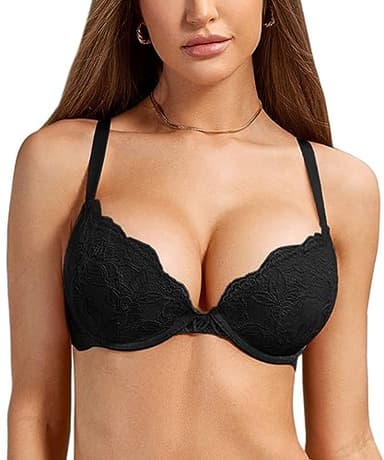 DOBREVA Women's Push Up Lace Bra Underwire Plunge Full Coverage Bras Sexy Plus Size Support Black 34C