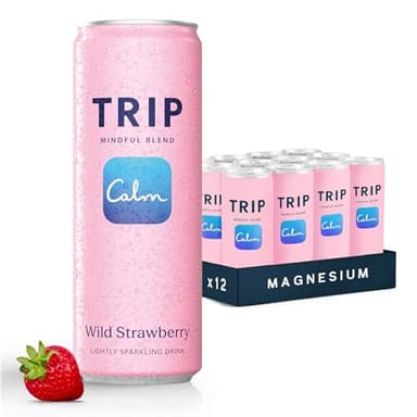 TRIP Lightly Sparkling Adaptogen Drink, Non Alcoholic Drink with Magnesium, Ashwagandha, Lions Mane & L Theanine, No Added Sugar Mocktail, Vegan, Wild Strawberry, 12 Oz, 12Pk