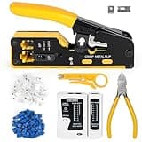 Wakhow RJ45 Crimp Tool Kit, Ethernet Pass Through Crimper, Network Cat5 Cat6 Cat7 Crimping Tool Repair Kit Includes Cable Tester, Mini Stripper, Blades, 50Pcs Connectors and Strain Relief Boots