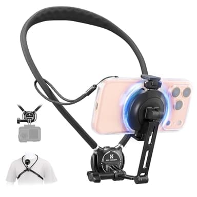 K&F CONCEPT Neck Phone Holder, 2-in-1 Magnetic & Clip-on Phone Neck Holder, POV Phone Holder, Hand Free Chest Stand Compatible with iPhone 17-12 Seires Android Phones