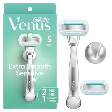 Gillette Venus Extra Smooth Sensitive Razor for Women, Includes 1 Reusable Razor Handle + 2 Refills, for Sensitive Skin with Metal Handle and Shower Holder
