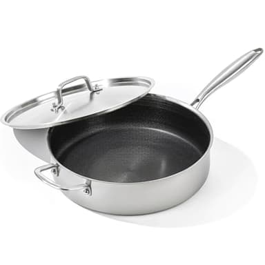 DELARLO 7 Quarts Saute Pan Tri-Ply Stainless Steel,Large Deep Frying Pan 12Inch with Lid, Jumbo Cooker Skillet With Lid,Heavy Duty Style Compatible With All Cooktops Up to 650℉