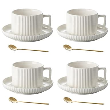 AYUCIA 8 Ounce Cappuccino Cups Set of 4, Latte Mugs with Saucers and Spoons, White Cream Ceramic Coffee Mugs Tea Cups for Cappuccino Latte Mocha Au Lait Macchiato Cafe