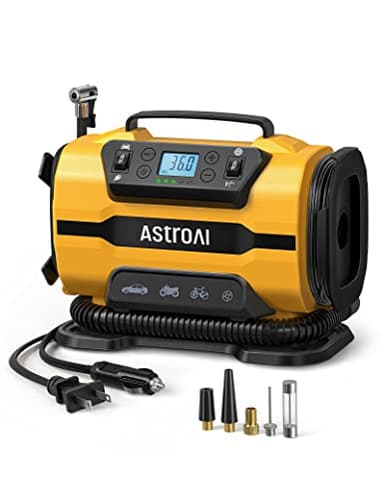 AstroAI Tire Inflator Portable Air Compressor Pump 150PSI 12V DC/110V AC with Dual Metal Motors&LED Light, Automotive Car Accessories&Two Modes for Car, Bicycle Tires and Air Mattresses, Yellow