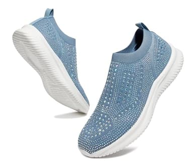BELOS Women's Rhinestone Mesh Slip On Walking Shoes Fashion Breathable Spakle Glitter Sneaker (Blue,8)
