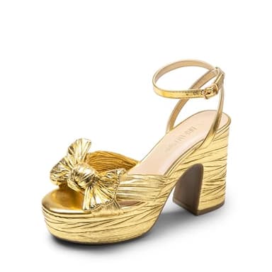 DREAM PAIRS Women's Chunky Platform Heels Sandals Pleated Bow Knot Ankle Buckle Strap Heeled Sandals Open Toe Comfortable Wedding Party Dress Shoes,Size 8,GOLD,SDHS2415W