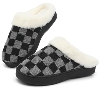 UBFEN Mens Womens Slippers Classic Plaid Winter Warm with Memory Foam Fluffy House Shoes Platform Indoor Bedroom Black Gray 7-8 Women/5.5-6.5 Men