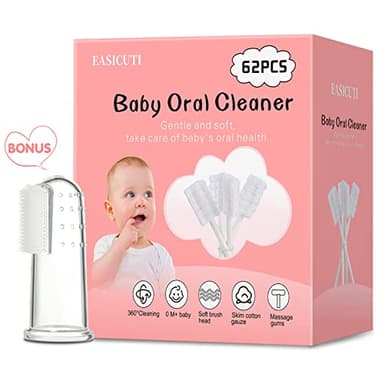 EASICUTI 62PCS Baby Tongue Cleaner, Baby Oral Cleaner Newborn Baby Toothbrush,Disposable Infant Toothbrush Clean Mouth,Gauze Gum Clean Stick Dental Care for 0-36 Month +1 Finger Toothbrush with Case