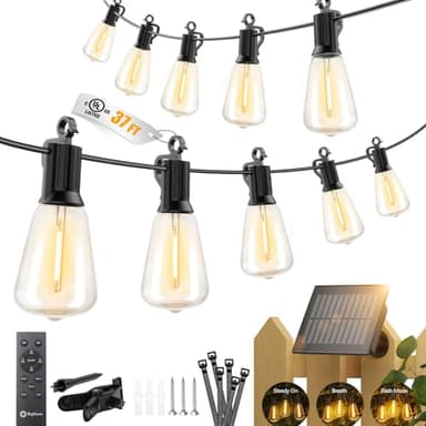 Brightown 37FT Solar String Lights Outdoor Waterproof, Patio Lights with Remote and 10+1 LED Shatterproof Bulbs, Dimmable & Timable, 3 Light Modes, Solar Lights Outdoor for Yard Camping Party Outside