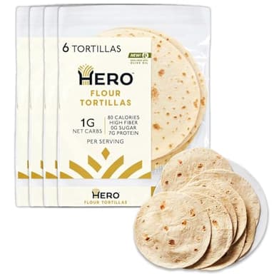 Hero Flour Tortilla - Delicious Tortilla Wraps | Soft Net Low Carb Tortillas | High Fiber, 1g Net Carbs & 80 Calories Per Serving (24 Tortillas, 4 Packs of 6)