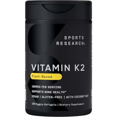 Sports Research Vitamin K2 as MK-7 100mcg with Coconut MCT Oil - 120 Veggie Softgels (4 Month Supply) Vegan Certified, Non-GMO Verified, Gluten & Soy Free