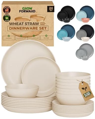 Grow Forward 24-piece Premium Wheat Straw Dinnerware Sets for 8 - Unbreakable Dishwasher & Microwave Safe Plastic Plates and Bowls Sets - Patio, Outdoors, RV, Camping Dishes - Sahara
