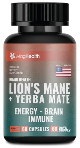 Lion's Mane & Yerba Mate Capsules 4-in-1 Nootropic Supplement | Organic Lion’s Mane Mushroom for Focus, Clean Energy (75mg Caffeine) + Ashwagandha & Black Pepper | 60 Day Supply