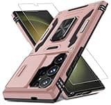 DEERLAMN Case for Samsung Galaxy S25 Ultra with Slide Camera Cover+Screen Protector (1 Pack), Rotated Ring Kickstand Military Grade Shockproof Protective Cover-Rose Gold