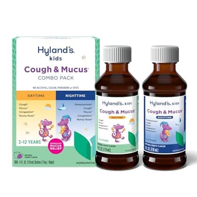Hyland's Kids Cough Syrup and Mucus Relief Daytime and Nighttime Combo Pack, Kids Medicine for Ages 2-12, Grape Flavor, Promotes Sleep, Cough, Runny Nose, Mucus and Congestion, 8 Ounces