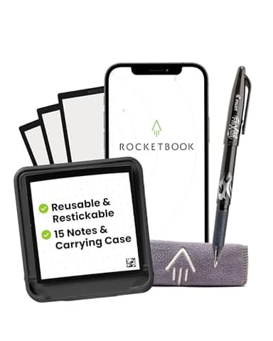 Rocketbook Reusable Sticky Notes Starter Pack, Restick and Reorganize Memo Pads, 3"x3", 15 Black Sticky Notes, Includes Pen, Towel + Carrying Case (Kit of 1)