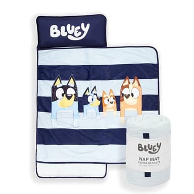 Jay Franco Kids Nap Mat with Embedded Pillow & Blanket – Soft 46"x20" Microfiber Sleeping Bag with Name Tag & Handle Blue - Bluey