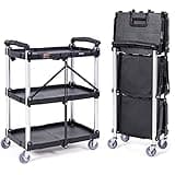 VEVOR Foldable Utility Service Cart, 165LBS 3 Shelf Heavy Duty Plastic Rolling Cart with 360° Swivel Wheels (2 with Brakes), Ergonomic Handle, Portable Garage Tool Cart for Warehouse Office Home
