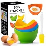 Egg Poacher - Poached Egg Cooker with Ring Standers, Food Grade Non Stick Silicone Egg Poaching Cup for Microwave or Stovetop Egg Poaching, with Extra Silicone Oil Brush, BPA Free, 4 Pack