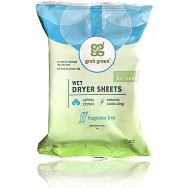 Grab Green Natural Wet Dryer Sheets, Unscented/Free & Clear, Fabric Softener & Static-Reducer, 64 Loads, Reusable & Compostable, Fragrance Free
