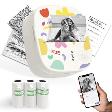 XenGro Mini Sticker Printer AHM2, Mini Thermal Printer with 3 Rolls Paper, Portable Bluetooth Inkless Printpods, Pocket Label Maker Suitable for Creative Kids DIY, Diaries, Photos, Study Notes -White