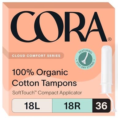Cora Organic Cotton Tampons Multipack (18 Light, 18 Regular Tampons)