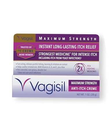 Vagisil Maximum Strength Feminine Anti-Itch Cream with Benzocaine for Women, Helps Relieve Yeast Infection Irritation, Gynecologist Tested, Fast-Acting, Soothes and Cools Skin, 1 oz