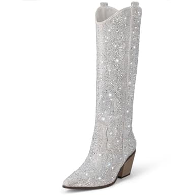 MUCCCUTE Women's Rhinestone Western Knee-High Boots Cowgirl Point-Toe Block Heel Wedding Party Boots for Ladies Size 9