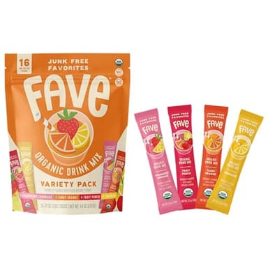 FAVE USDA Organic Drink Mix Variety Pack, 16 Stick Pouch | Lemonade, Strawberry Lemonade, Fruit Punch & Tangy Orange | No Artificial Colors or Flavors, Non-GMO