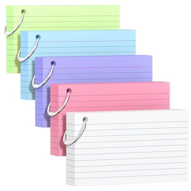 250 Count Colored Index Cards 3x5 Inch with Key Ring, 180gsm Heavy Weight Flash Cards 5 Color (50 Sheets Each) Portable Note Taking for Students, Teachers, Study Note Cards for Office School Supplies