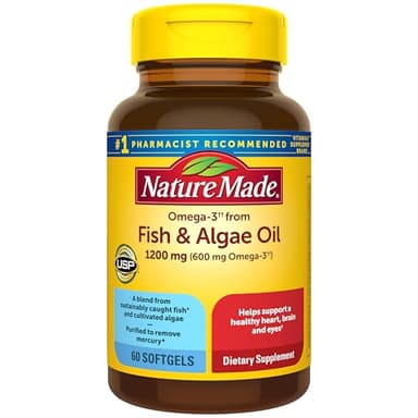 Nature Made Omega 3 Fish Oil and Algae Oil Supplements, 1200mg, Algae Oil & Fish Oil Blend, Omega 3 Supplement for Heart, Brain and Eyes Support, One Per Day, 60 Softgels